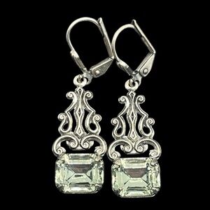 Sadie Green Art Deco style filigree silver tone rhinestone dangle earrings
